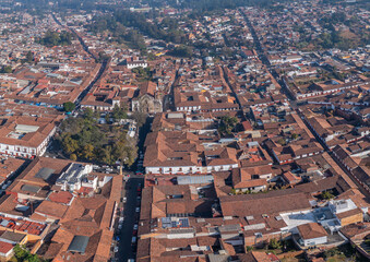 Aerial: Patzcuaro scenic view of the town. Drone view
