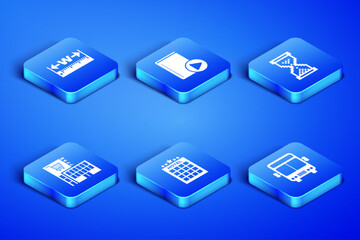 Set Bus, Measuring height and length, Hotel building, Mall or supermarket, Audio book and Hourglass pixel icon. Vector
