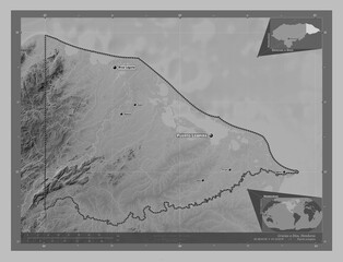 Gracias a Dios, Honduras. Grayscale. Labelled points of cities