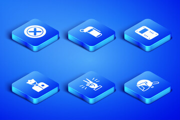 Set Police helmet, X Mark, Cross in circle, Hand showing two finger, officer, grenade and assault shield icon. Vector