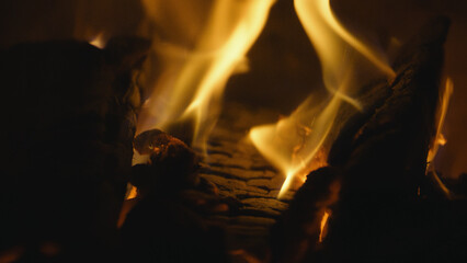 Fireplace, flames over wooden logs. Cozy fire. Close up, Macro. Burning firewood. Depth of field