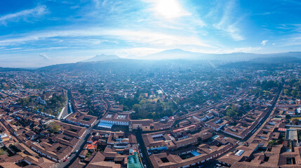 Aerial: Patzcuaro epic view of the landscape and cityscape. Drone view
