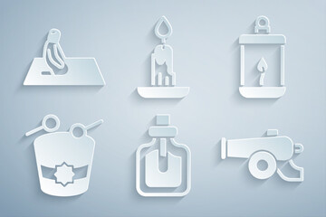 Set Perfume, Ramadan Kareem lantern, drum, cannon, Burning candle and Muslim man prays icon. Vector