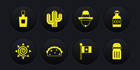Set Sun, Tequila bottle, Taco with tortilla, Mexico flag, Mexican sombrero, Cactus, Salt and icon. Vector