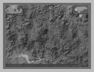 Lempira, Honduras. Grayscale. Labelled points of cities