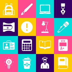 Set Book, Exam sheet with A plus grade, Microphone, Laptop, Speech bubble and Exclamation, Pencil sharpener, School backpack and Table lamp icon. Vector