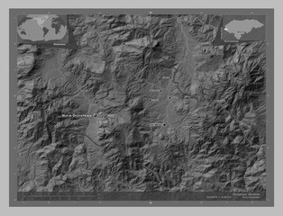 Ocotepeque, Honduras. Grayscale. Labelled points of cities