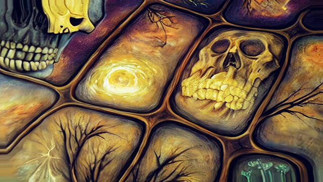 Generative AI animation of surreal painting of skulls and skeletons spinning. Digital image painted manipulation Halloween videoloop impressionism style.