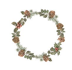 Watercolor illustration of a Christmas wreath.