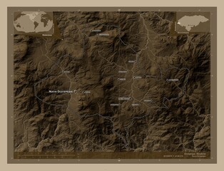Ocotepeque, Honduras. Sepia. Labelled points of cities