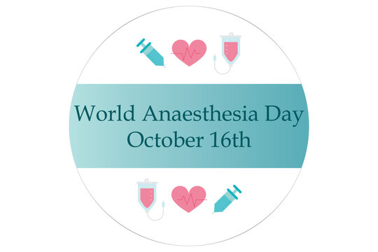  World Anaesthesia Day round banner on white background with pink and blue syringe and heart icons