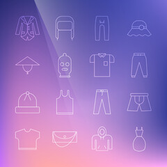 Set line Woman dress, Men underpants, Sport, Pants, Balaclava, Asian conical hat, Blazer jacket and Polo shirt icon. Vector