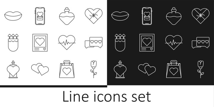 Set line Flower rose, Like and heart, Bottle with love potion, Photo frames hearts, Quiver arrows, Smiling lips, Heart rate and Mobile icon. Vector