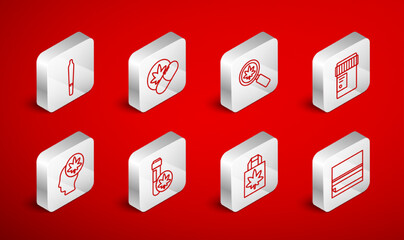 Fototapeta premium Set line Rolling paper, Herbal ecstasy tablets, Magnifying glass and marijuana, Medical bottle with cannabis, Shopping bag of, Marijuana joint, Chemical test tube and Head or icon. Vector