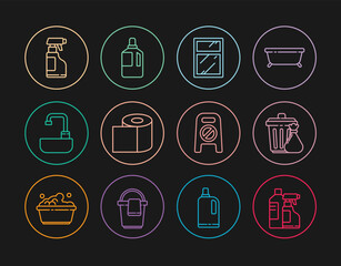 Set line Bottles for cleaning agent, Cleaning service windows, Toilet paper roll, Washbasin with water tap, Spray bottle detergent liquid, Wet floor progress and Fabric softener icon. Vector
