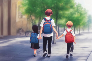 school boy and girl walking in the city to school as 3d manga concept graphic illustration - obrazy, fototapety, plakaty
