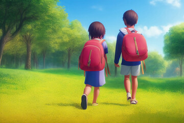 school boy and girl walking with satchels in the park from school as 3d manga concept graphic illustration - obrazy, fototapety, plakaty