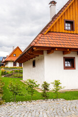 Modern village of historic wooden buildings in the small town in Liptov region, Slovakia, Eastern Europe