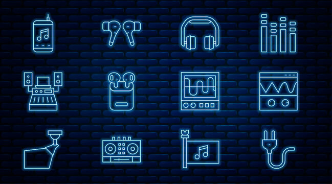 Set line Electric plug, Oscilloscope, Headphones, Air headphones in box, Music recording studio, player, and icon. Vector