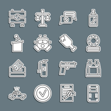 Set line Police assault shield, Bulletproof vest, Lying burning tires, Speech bubble chat, Gas mask, Stage stand or tribune, Road barrier and Broken bottle weapon icon. Vector