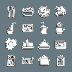 Set line Cookbook, Online ordering and delivery, Coffee cup, Served fish on plate, Kitchen ladle, Knife spoon and Champagne ice bucket icon. Vector