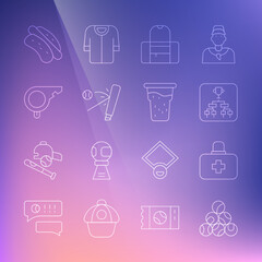 Set line Baseball ball, First aid kit, Championship tournament bracket, Sport bag, bat with, Whistle, Hotdog sandwich and Glass of beer icon. Vector