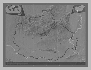 Baranya, Hungary. Grayscale. Labelled points of cities