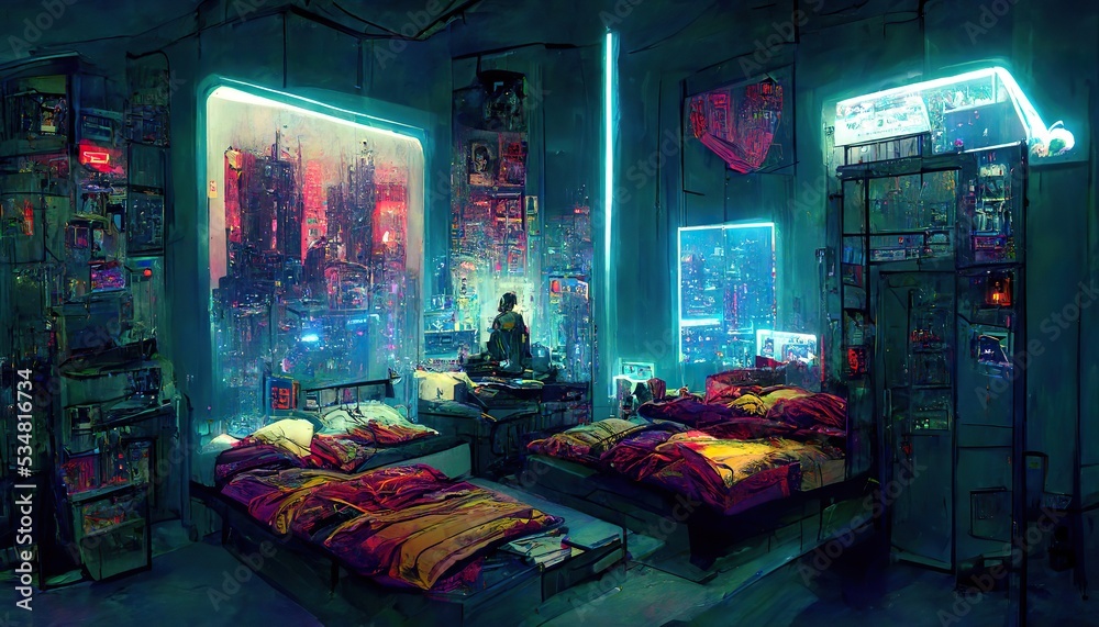 Wall mural Cozy cyberpunk futuristic bedroom concept art illustration