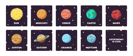 Colorful solar system space square flashcards in flat design cartoon style. Astronomy education and science for kids learning © Kristina Chistiakova