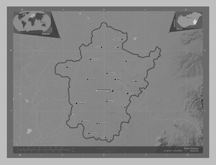Bekes, Hungary. Grayscale. Labelled points of cities