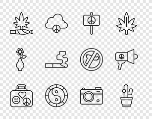 Set line Suitcase for travel, Cactus, Peace, Yin Yang symbol, Marijuana joint, spliff, Cigarette, Photo camera and Megaphone icon. Vector