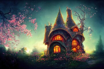 Fototapeta na wymiar Fantasy mysterious witch house concept art illustration