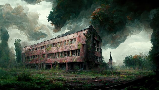 Creepy dystopian horror abandonned school concept art illustration