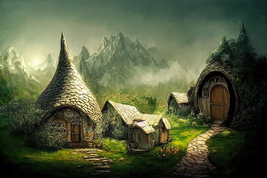 Cute cottage fantasy houses concept art illustration