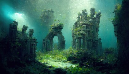 Underwater stone ruins concept art illustration