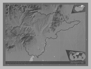 Borsod-Abauj-Zemplen, Hungary. Grayscale. Labelled points of cities