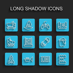 Set line Rocket ship toy, Trumpet, Toy truck, Circus ticket, building block bricks, Abacus, Sand bucket and Skateboard icon. Vector