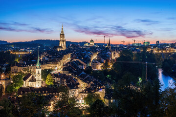 Fototapeta na wymiar Amazing panoramic view on historic downtown of Bern, Switzerland at the dusk. View from Rosengarten hill. UNESCO World Heritage Site
