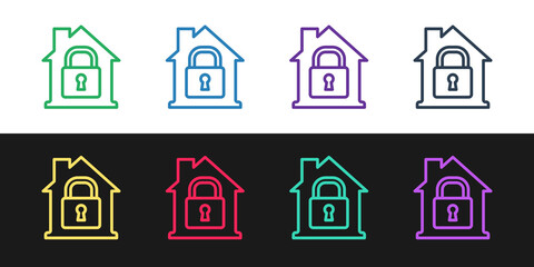 Set line House under protection icon isolated on black and white background. Home and lock. Protection, safety, security, protect, defense concept. Vector