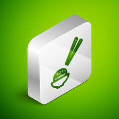 Isometric line Sushi icon isolated on green background. Traditional Japanese food. Silver square button. Vector.