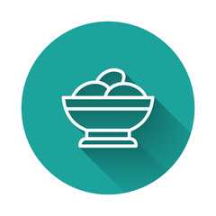 White line Varenyky in a bowl icon isolated with long shadow. Pierogi, varenyky, dumpling, pelmeni, ravioli. Traditional Ukrainian food. Green circle button. Vector