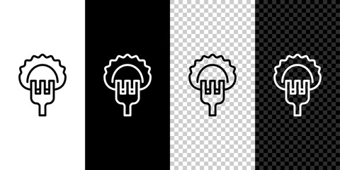 Set line Dumplings on fork icon isolated on black and white background. Pierogi, varenyky, pelmeni, ravioli. Traditional Ukrainian food. Vector