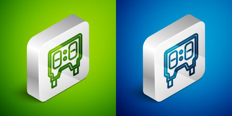 Isometric line Sport baseball mechanical scoreboard and result display icon isolated on green and blue background. Silver square button. Vector