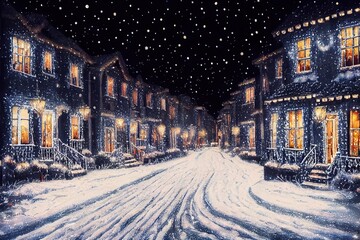 Winter snowy small cozy street with lights in houses, falling snow town night landscape. Winter holidays night time backdrop. Merry Christmas vintage retro illustration background.