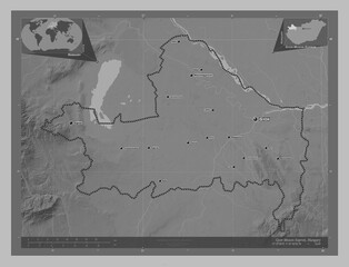 Gyor-Moson-Sopron, Hungary. Grayscale. Labelled points of cities