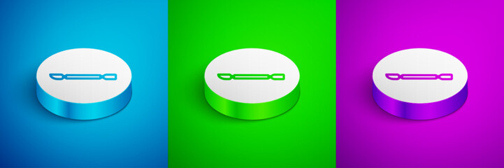 Isometric line Cuticle pusher icon isolated on blue, green and purple background. Tool for manicure. White circle button. Vector - obrazy, fototapety, plakaty