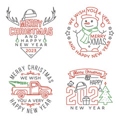 Set of Merry Christmas and Happy New Year stamp sticker Set quotes with snowflakes, snowman, santa claus, candy, sweet candy, pickup. Vector. Line art design for xmas, new year emblem