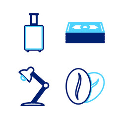 Fototapeta premium Set line Coffee beans, Table lamp, Stacks paper money cash and Travel suitcase icon. Vector