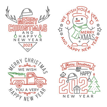 Set of Merry Christmas and Happy New Year stamp sticker Set quotes with snowflakes, snowman, santa claus, candy, sweet candy, pickup. Vector. Line art design for xmas, new year emblem