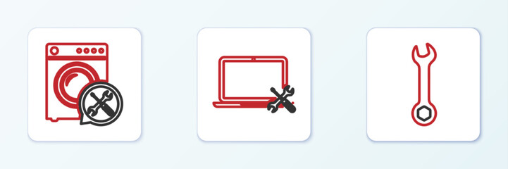 Set line Wrench, Washer service and Laptop icon. Vector